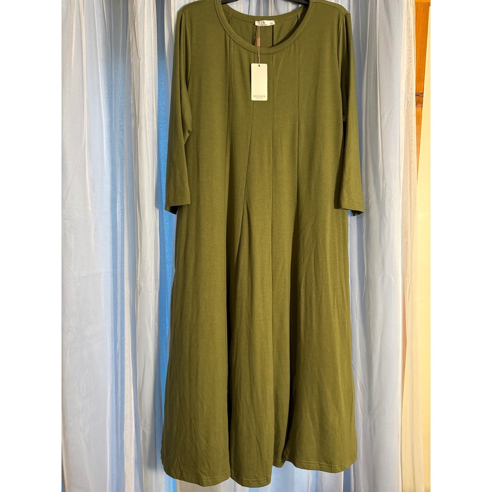 Hotouch Dress Women 3XL A-Line Midi Olive Green Seam Detail Pockets NWT